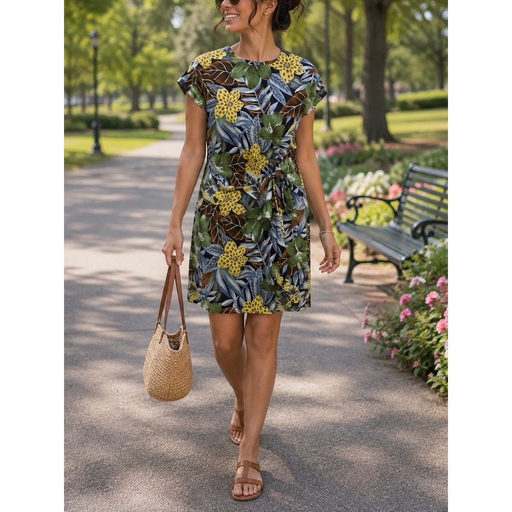 DJI Vintage Tropical Floral Sheath Dress Faux Wrap Side Tie Cap Sleeve 11/12